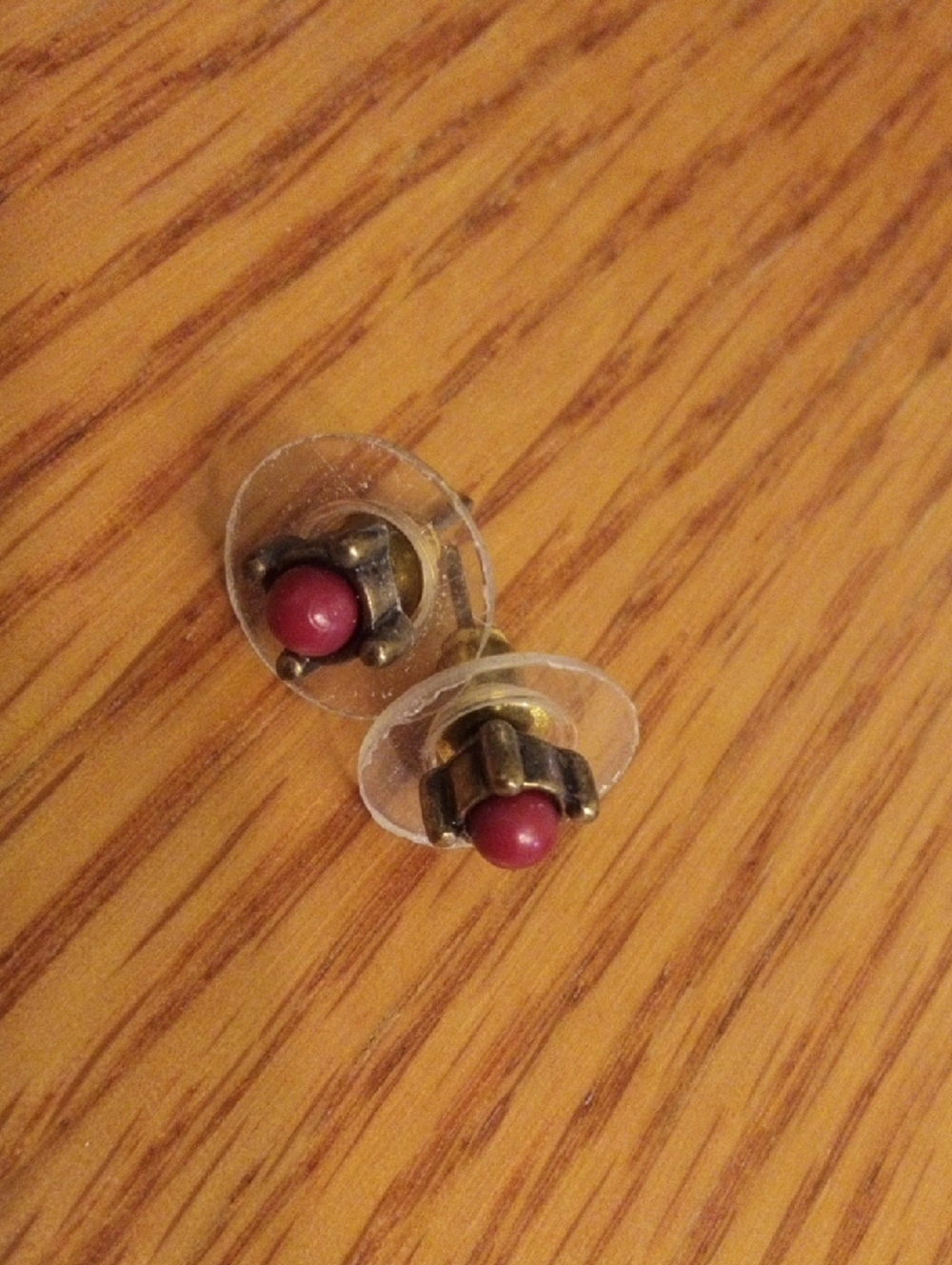 Vintage-inspired Brass Stud Earrings with Burgundy Beads